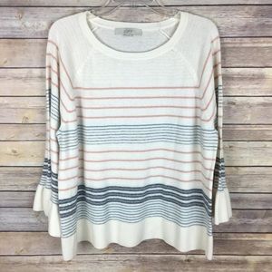 LOFT XL White Pink Striped Bell Sleeve Sweater